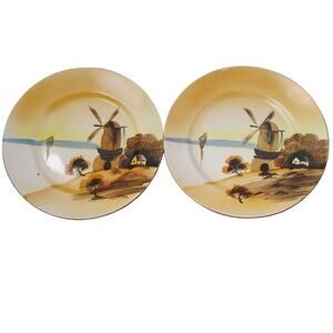 Vtg Japan Porcelain Hand Painted Windmill at Sunset Scene 2 Show Plates
